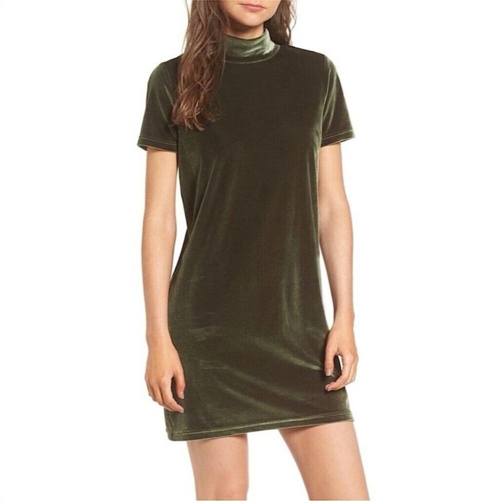 Madewell Velvet Dress Large Mini Shift Green Short Sleeve Mock Neck Stretchy
